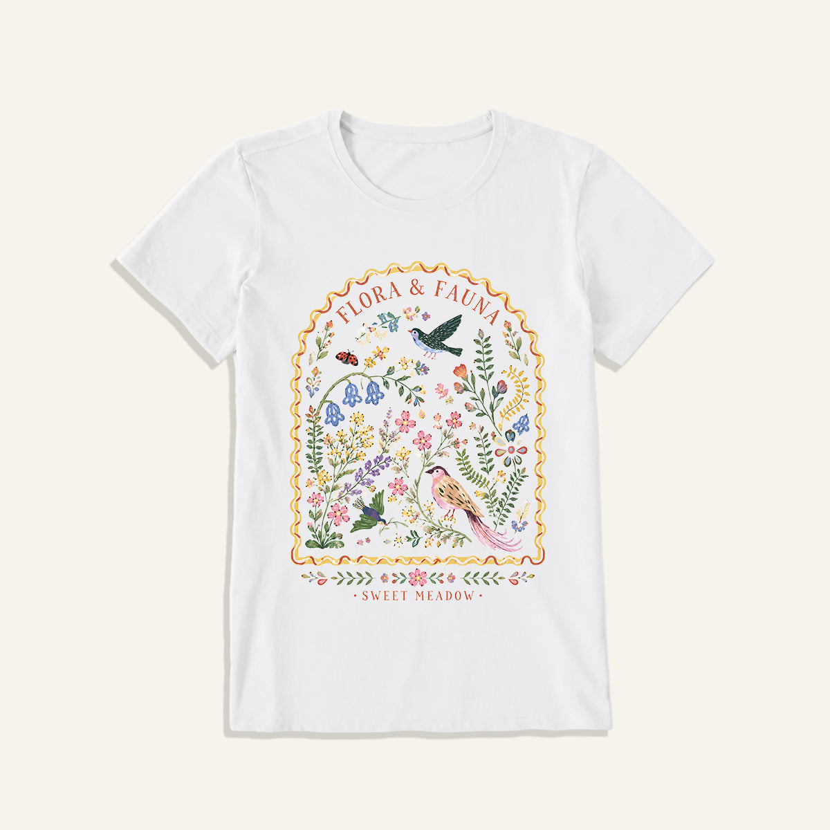 Folk Birds Sweet Meadow Print Crew Neck Cotton Tee