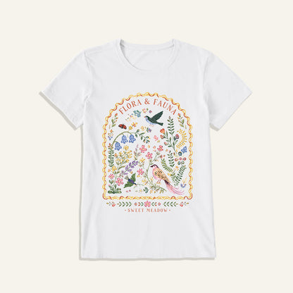 Folk Birds Sweet Meadow Print Crew Neck Cotton Tee