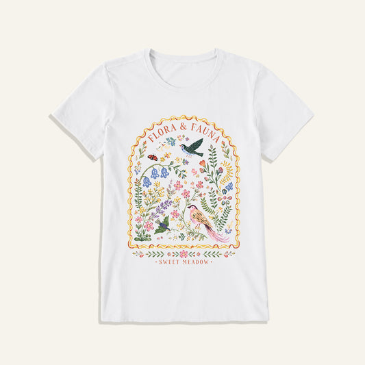 Folk Birds Sweet Meadow Print Crew Neck Cotton Tee