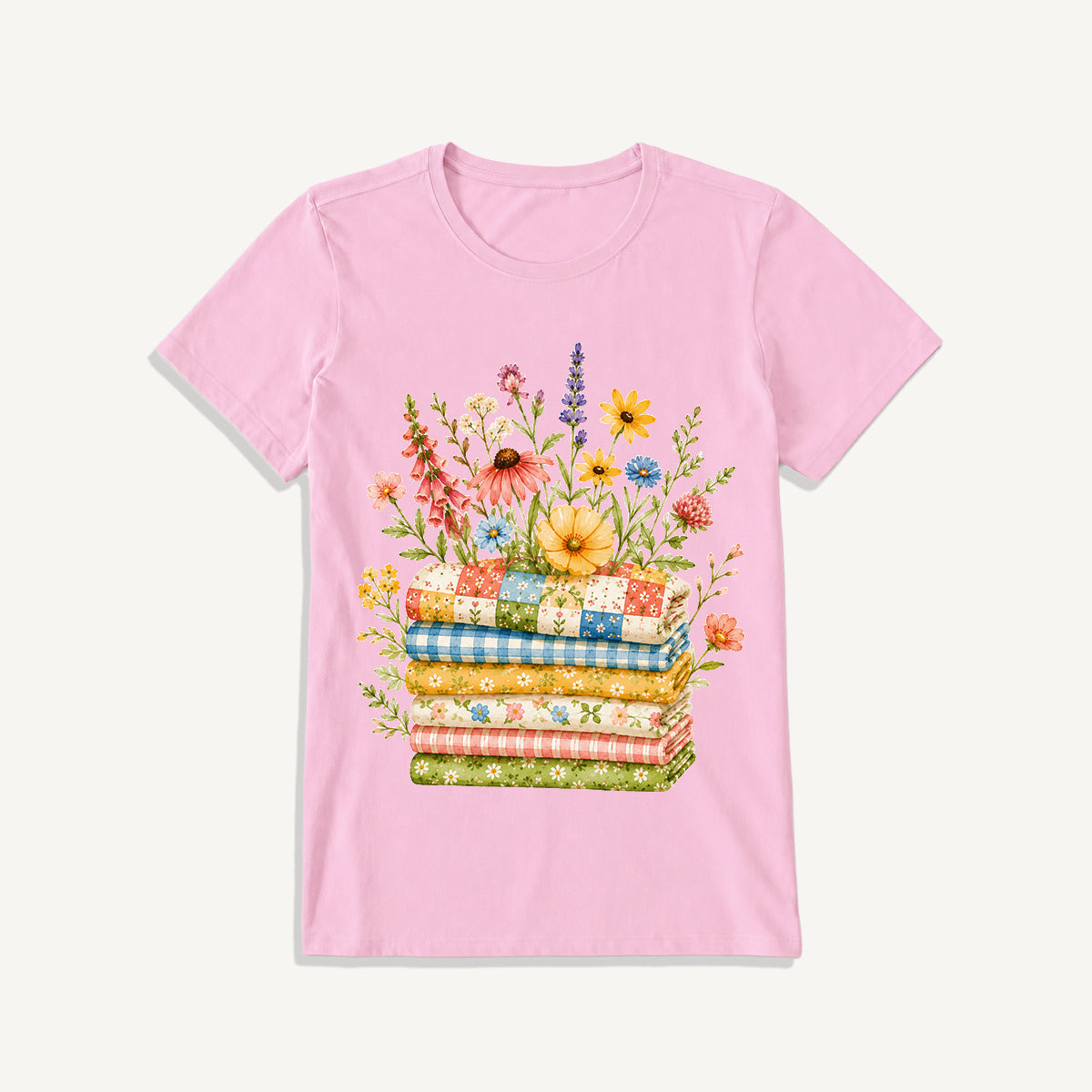 Cozy Floral Quilt Stack Print Crew Neck Cotton Tee