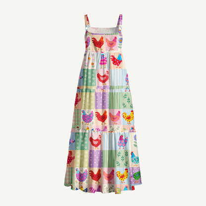 Country Patchwork Chicken Print Wide Straps Maxi Dress With Pockets