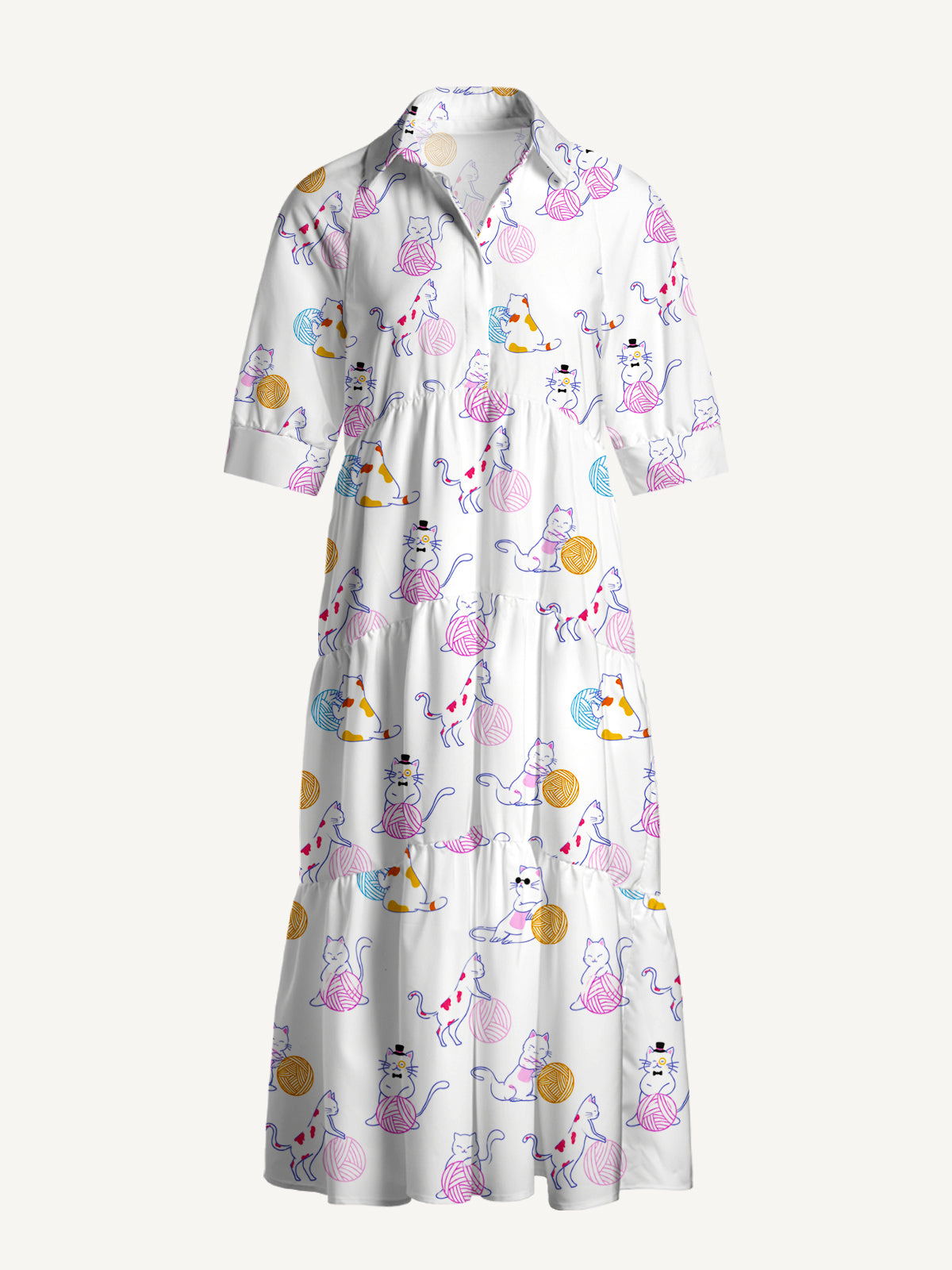 V Neck Collared Color Yarn Garden Cat Print Casual Midi Dress With Pockets