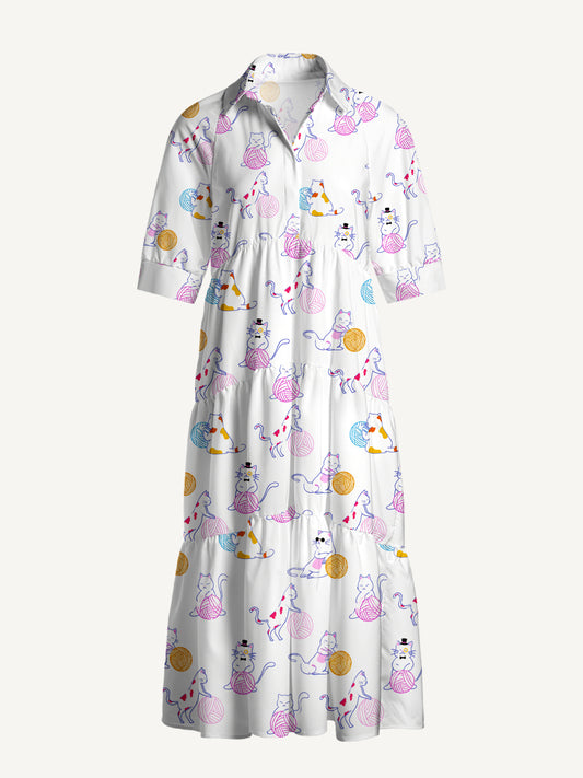 V Neck Collared Color Yarn Garden Cat Print Casual Midi Dress With Pockets