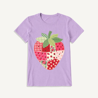 Folk Patchwork Strawberry Print Crew Neck Cotton Tee
