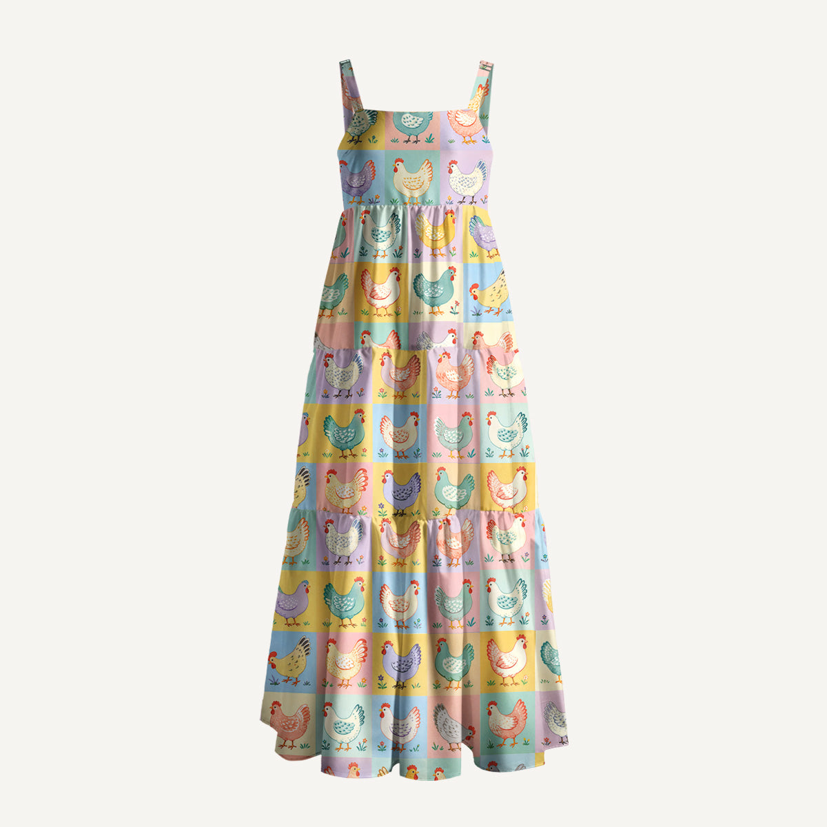 Pop Chicken Print Wide Straps Maxi Dress With Pockets