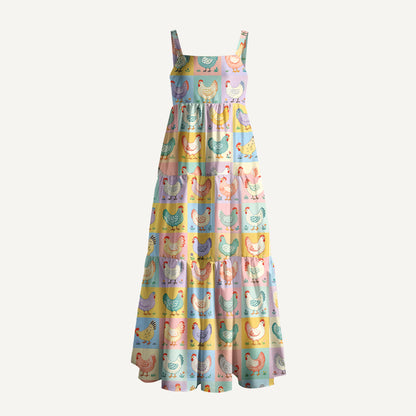 Pop Chicken Print Wide Straps Maxi Dress With Pockets