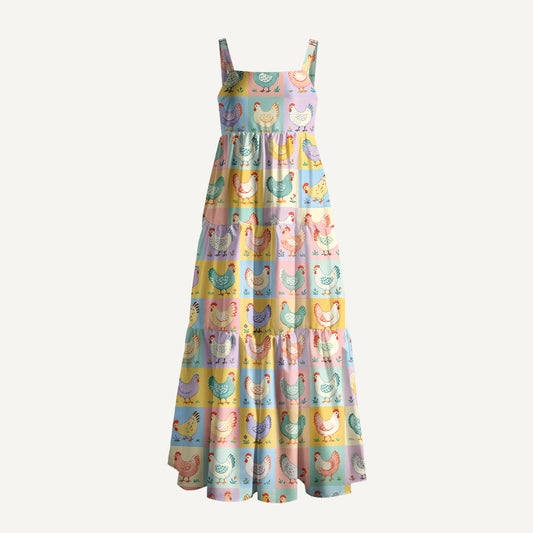 Pop Chicken Print Wide Straps Maxi Dress With Pockets