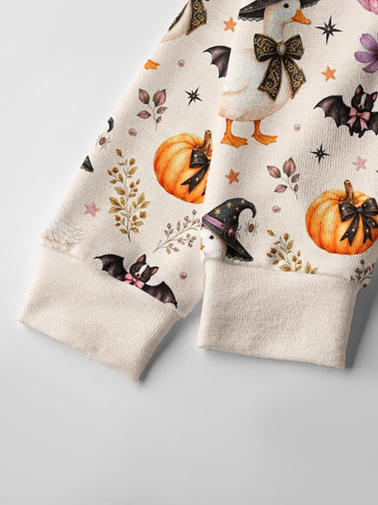 Lightweight Crew Neck Long‑Sleeve Cropped Rustic Halloween Goose Print Fine‑Knit Cardigan
