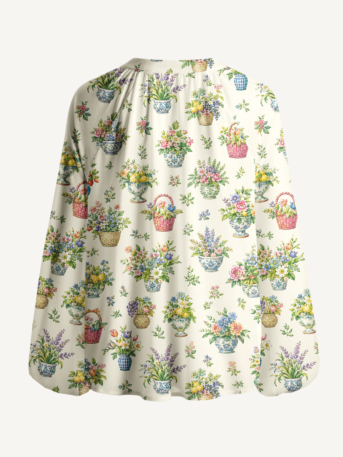 Garden Baskets Print Boho Long Sleeve Tie‑Neck Blouse