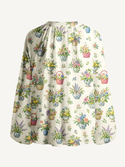 Garden Baskets Print Boho Long Sleeve Tie‑Neck Blouse