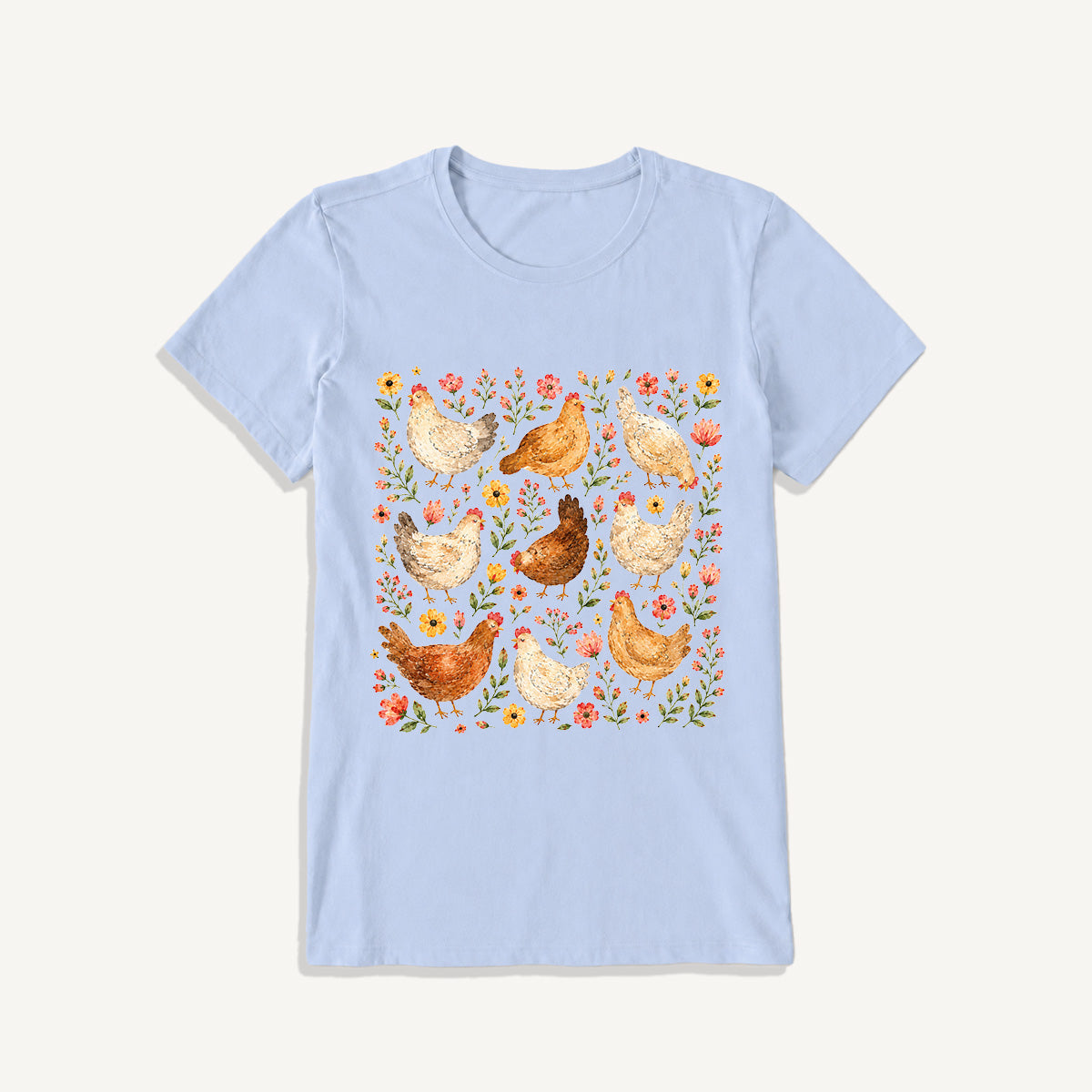 Country Chicken Wildflower Garden Print Crew Neck Cotton Tee