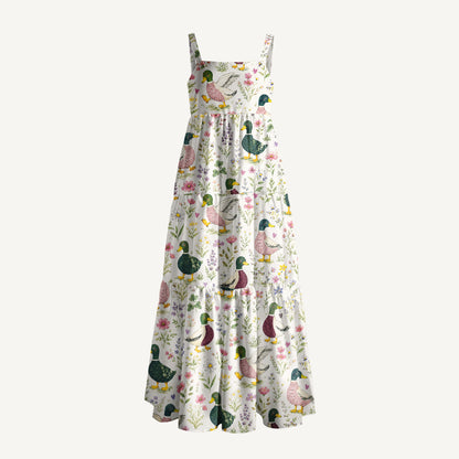 Watercolor Duck Print Wide Straps Maxi Dress With Pockets