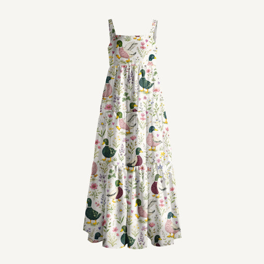 Watercolor Duck Print Wide Straps Maxi Dress With Pockets