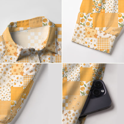 V Neck Collared Lemon Sunshine Patchwork Mini Dress For Women With Pockets