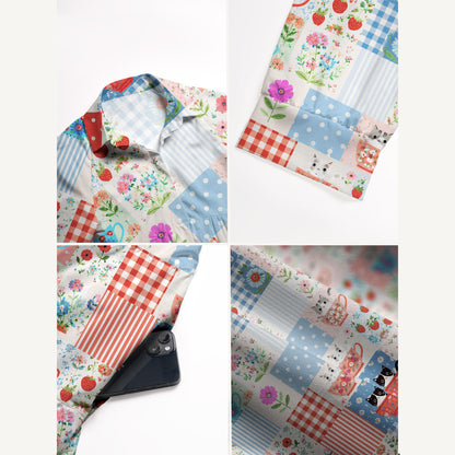 V Neck Collared Teatime Kitty Patchwork Print Casual Midi Dress With Pockets