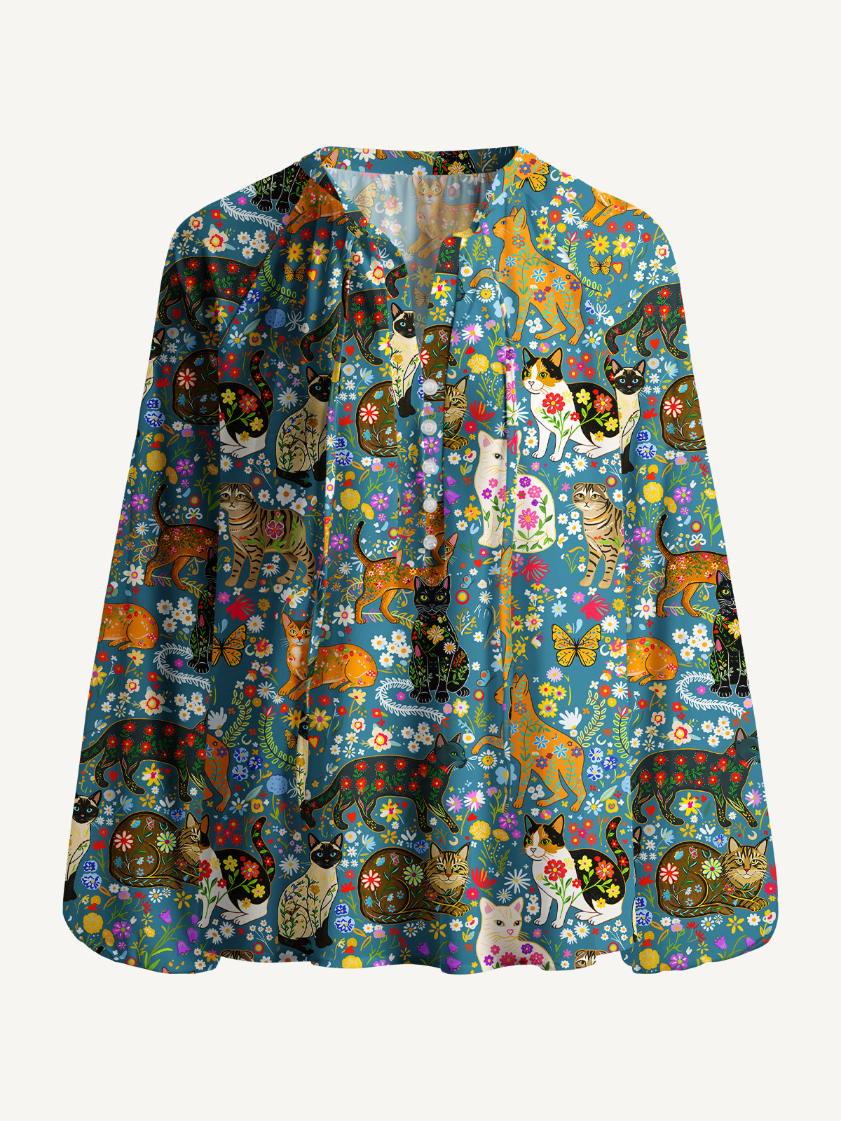 Colorful Garden Cat Pattern Print Boho Long Sleeve Tie‑Neck Blouse