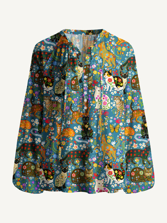 Colorful Garden Cat Pattern Print Boho Long Sleeve Tie‑Neck Blouse