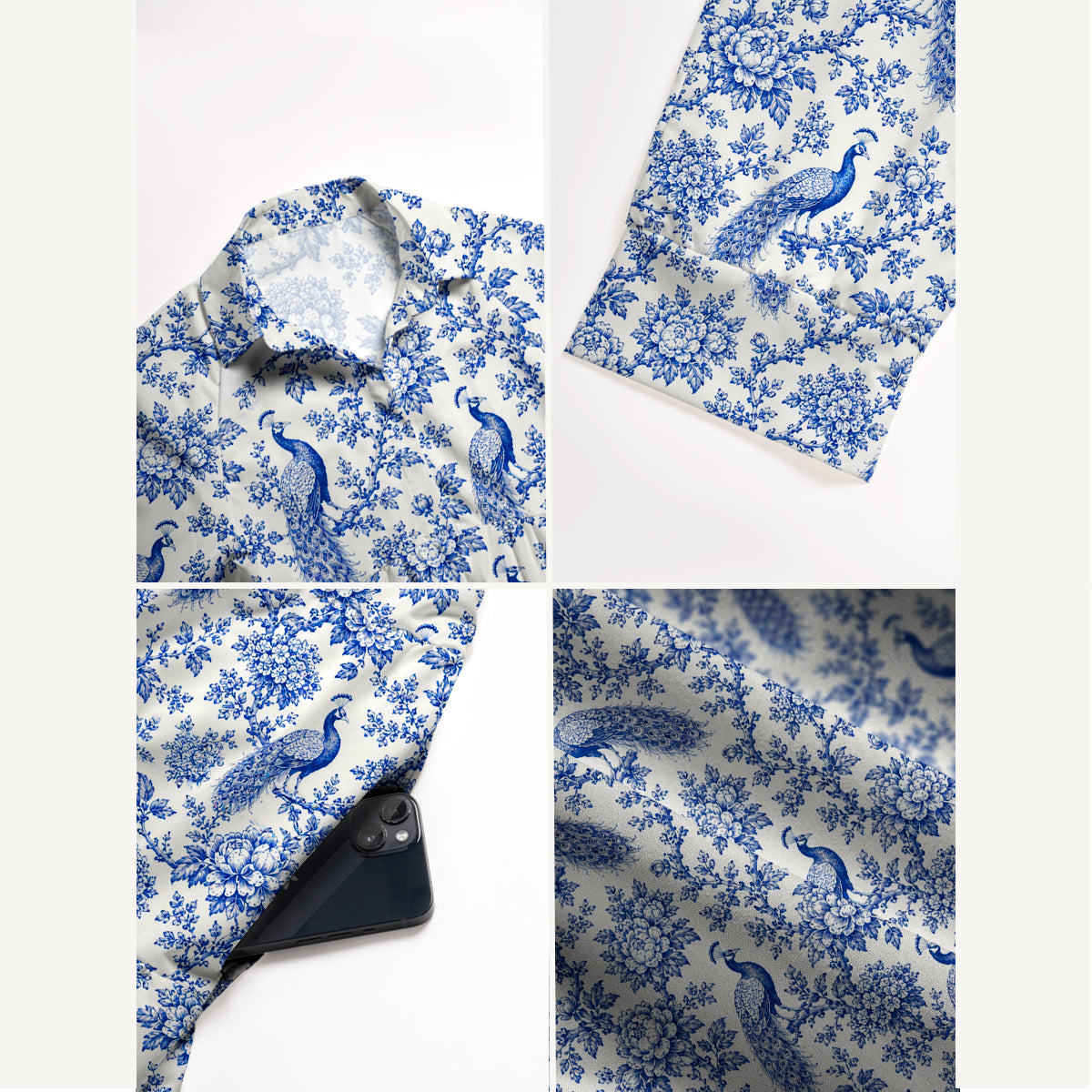 V Neck Collared Blue Chinoiserie Peacock and Bloom Toile Print Casual Midi Dress With Pockets