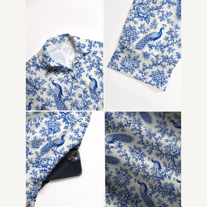 V Neck Collared Blue Chinoiserie Peacock and Bloom Toile Print Casual Midi Dress With Pockets
