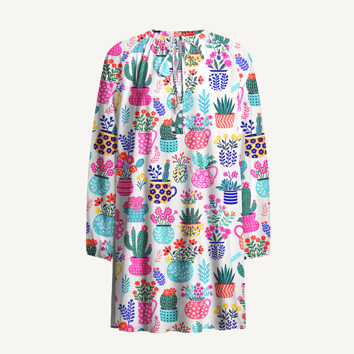 Cactus and Flowers Print Boho Tie‑Neck Smock Mini Dress