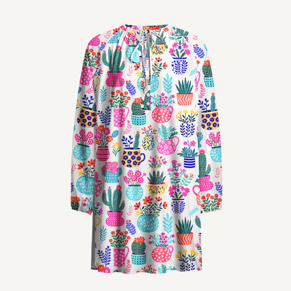 Cactus and Flowers Print Boho Tie‑Neck Smock Mini Dress