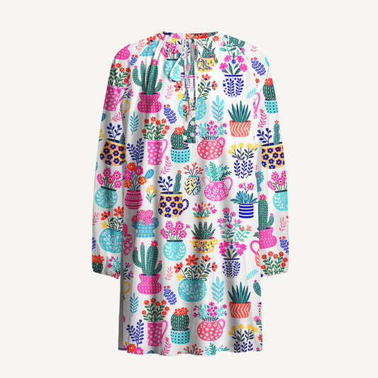 Cactus and Flowers Print Boho Tie‑Neck Smock Mini Dress