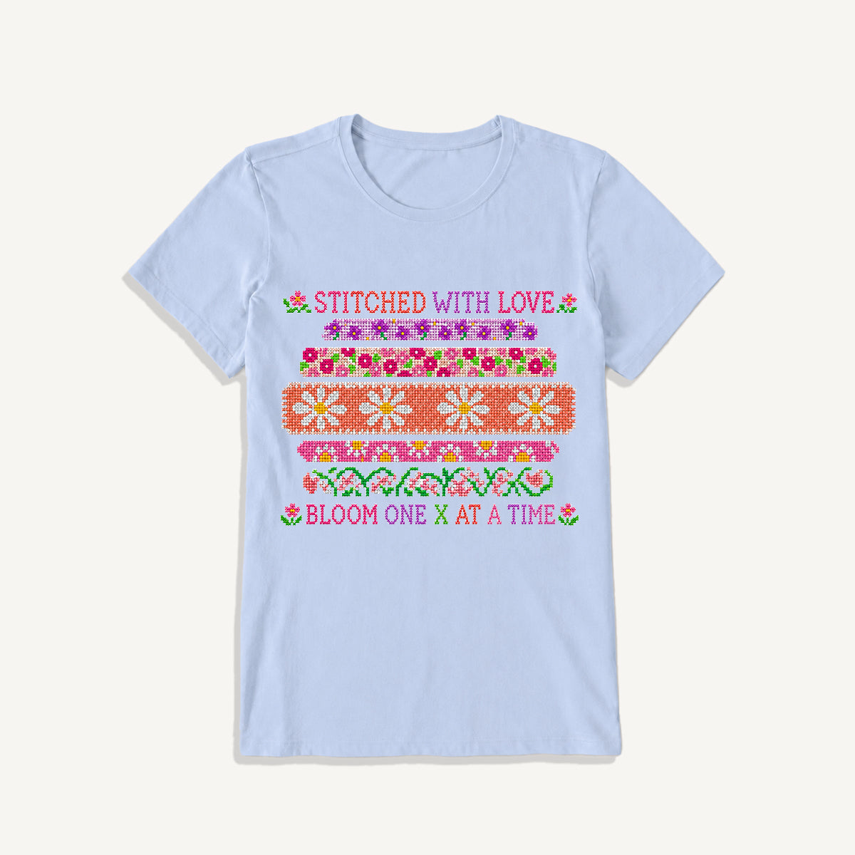 Floral Cross-Stitch Sampler Print Crew Neck Cotton Tee