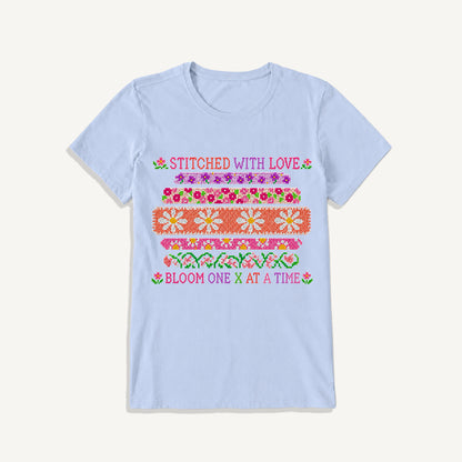 Floral Cross-Stitch Sampler Print Crew Neck Cotton Tee