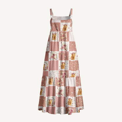 Highland Cow Patchwork Print Wide Straps Maxi Dress With Pockets