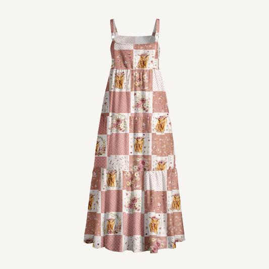 Highland Cow Patchwork Print Wide Straps Maxi Dress With Pockets