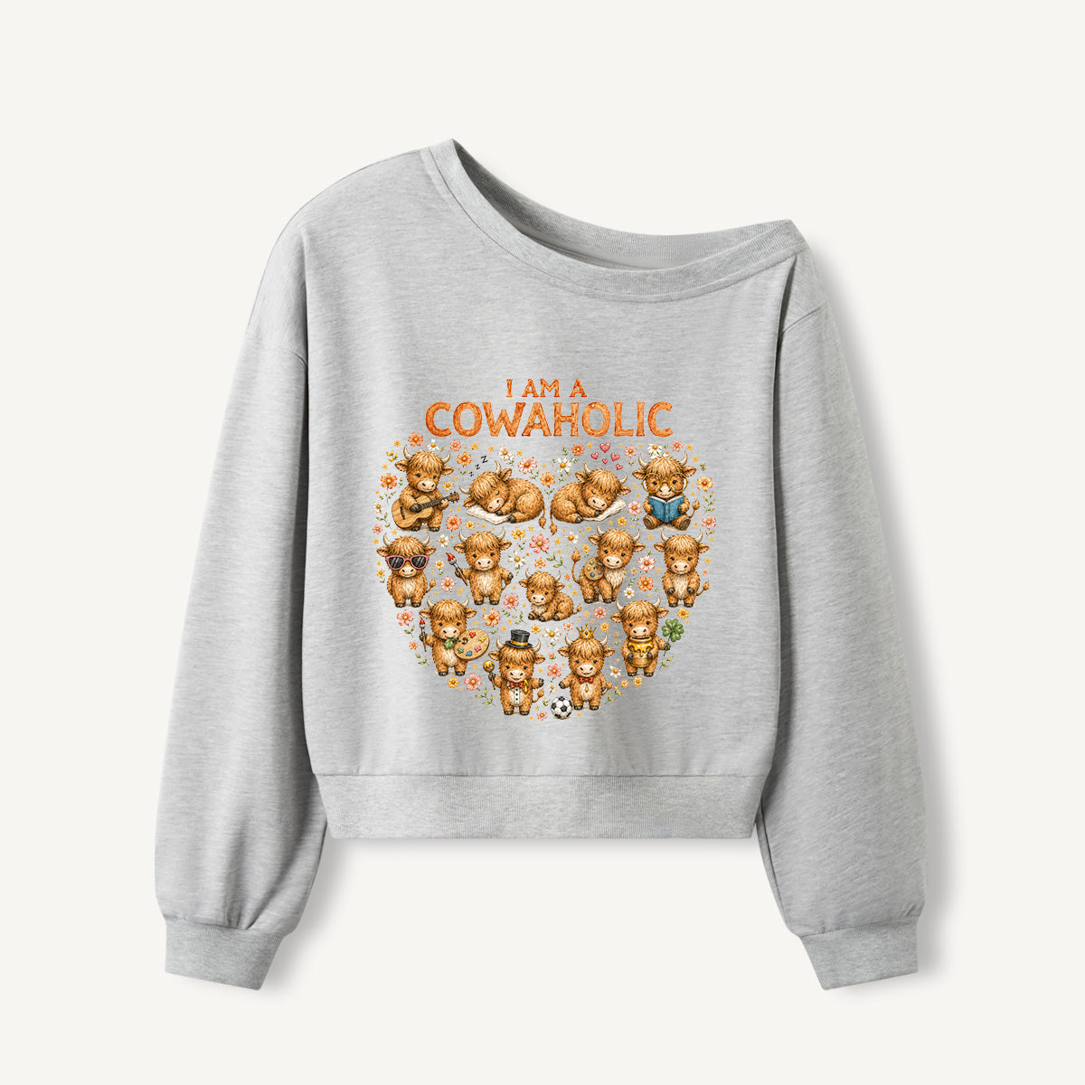 Sweet Highland Love Print Off Shoulder Sweatshirts