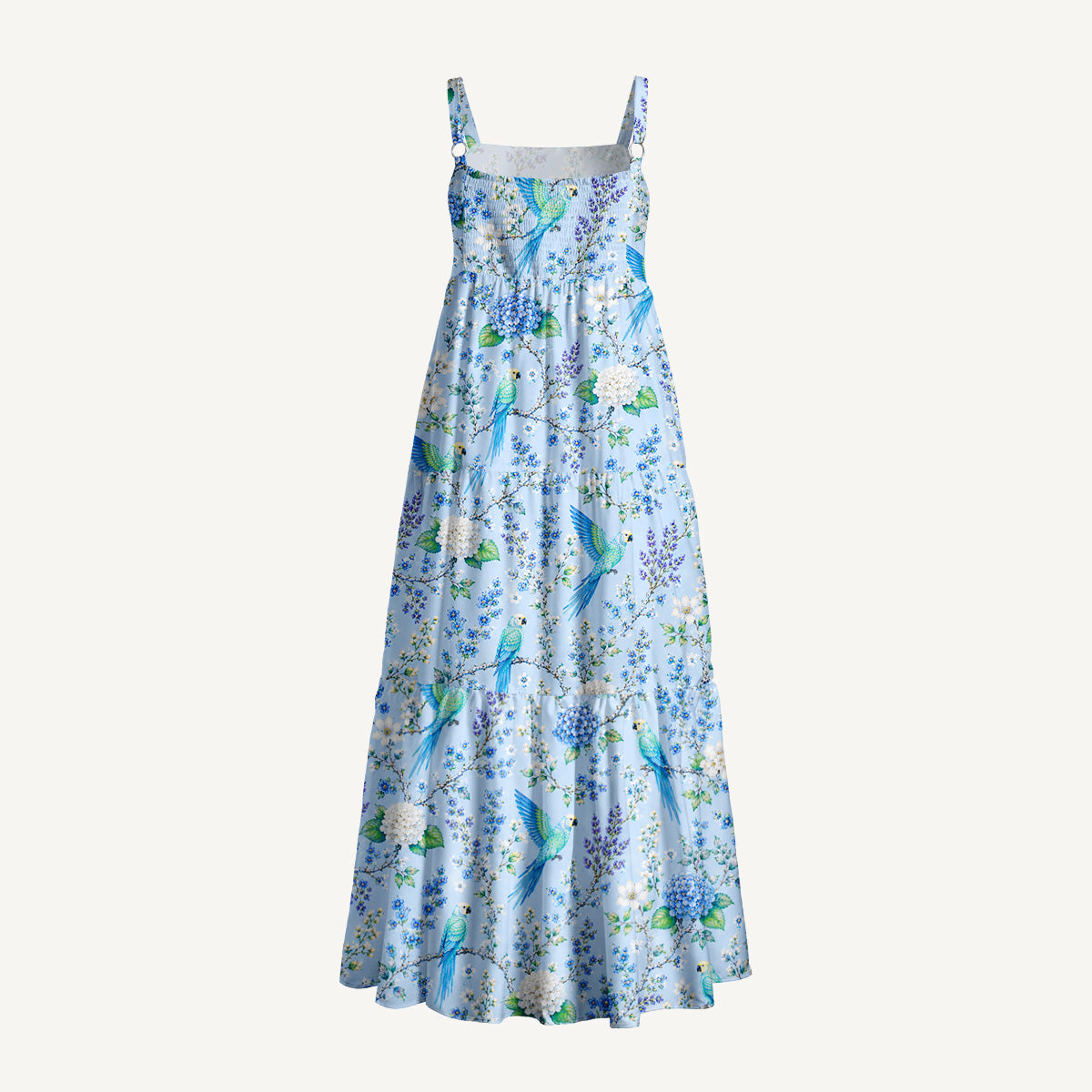 Elegant Parrots in Bloom Pattern Print Wide Straps Maxi Dress With Pockets