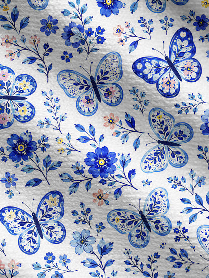 Lightweight Crew Neck Long‑Sleeve Cropped Delft Blue Butterfly Floral Print Fine‑Knit Cardigan