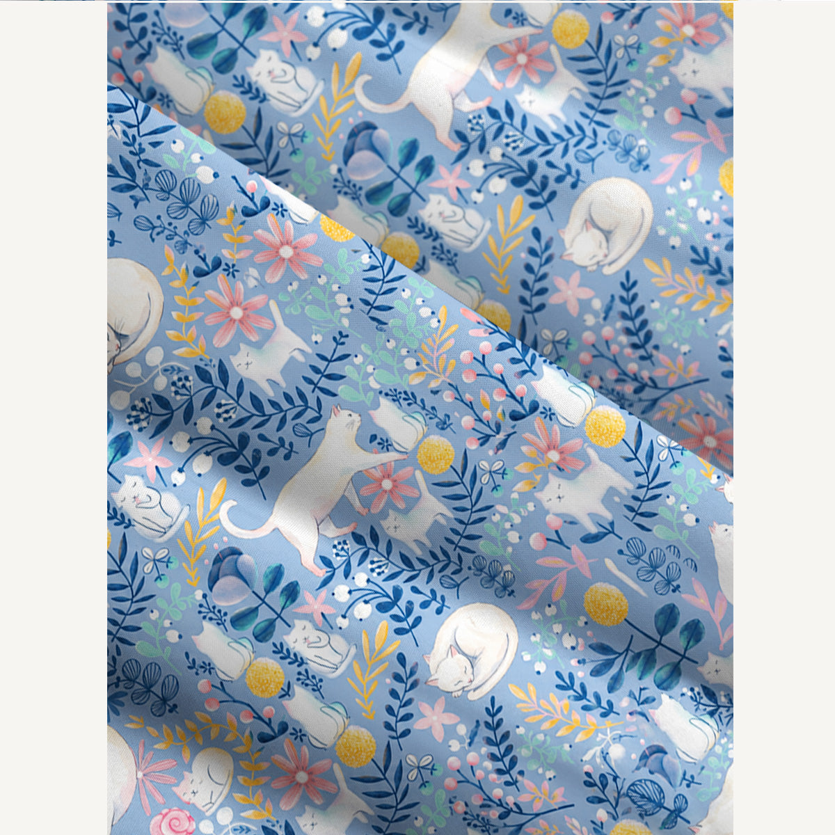 Square Neck Blue Leaf Cat Print Wide Straps Maxi Dress With Pockets