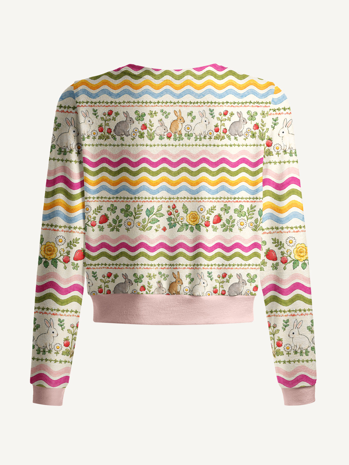 Lightweight Crew Neck Long‑Sleeve Cropped Strawberry Bunny Waves Print Fine‑Knit Cardigan
