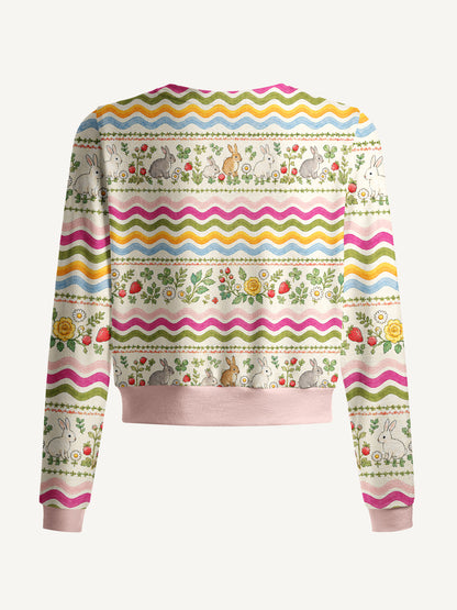 Lightweight Crew Neck Long‑Sleeve Cropped Strawberry Bunny Waves Print Fine‑Knit Cardigan