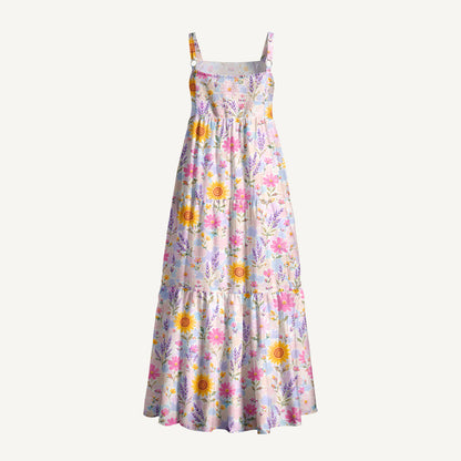 Strawberry Floral Print Wide Straps Maxi Dress With Pockets
