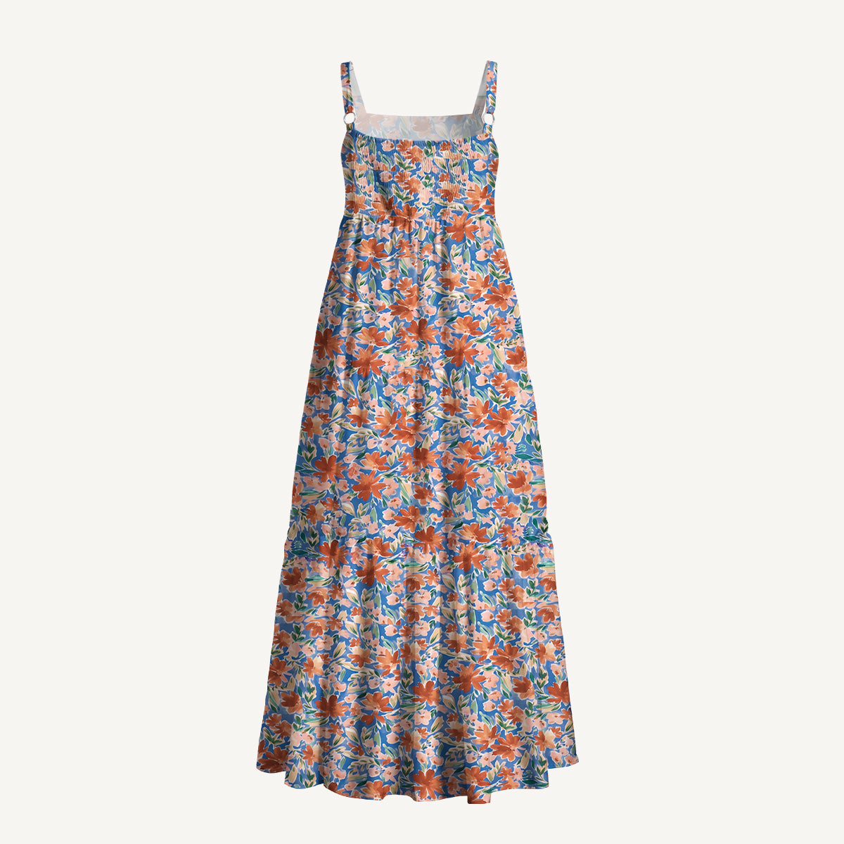Retro Orange Flower Meadow Print Wide Straps Maxi Dress With Pockets