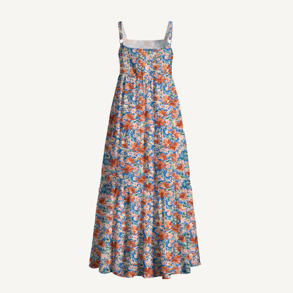 Retro Orange Flower Meadow Print Wide Straps Maxi Dress With Pockets