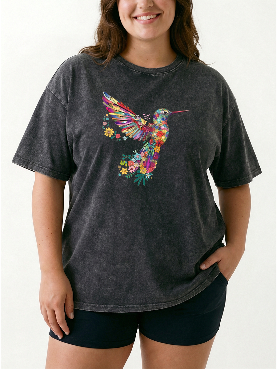Vintage Floral Hummingbird Washed T-Shirt