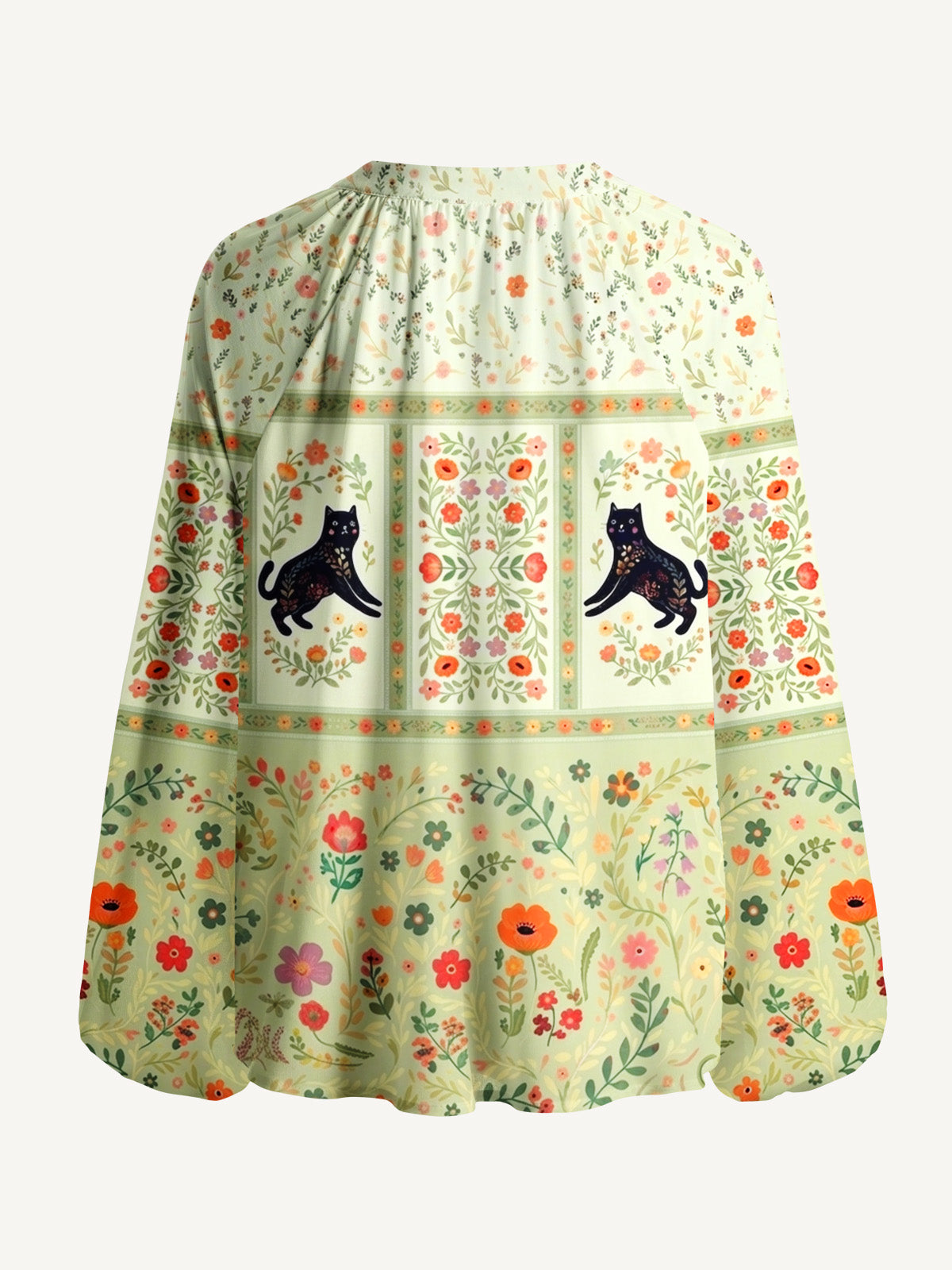 Cream Garden Black Cat Print Boho Long Sleeve Tie‑Neck Blouse