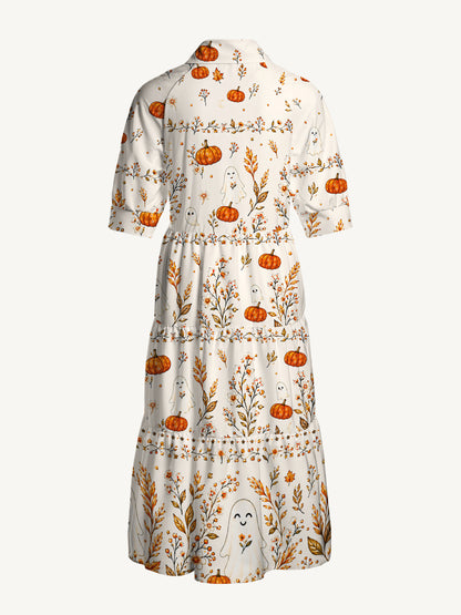 V Neck Collared Pumpkin Ghost Cottage Print Casual Midi Dress With Pockets