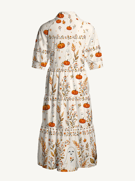 V Neck Collared Pumpkin Ghost Cottage Print Casual Midi Dress With Pockets