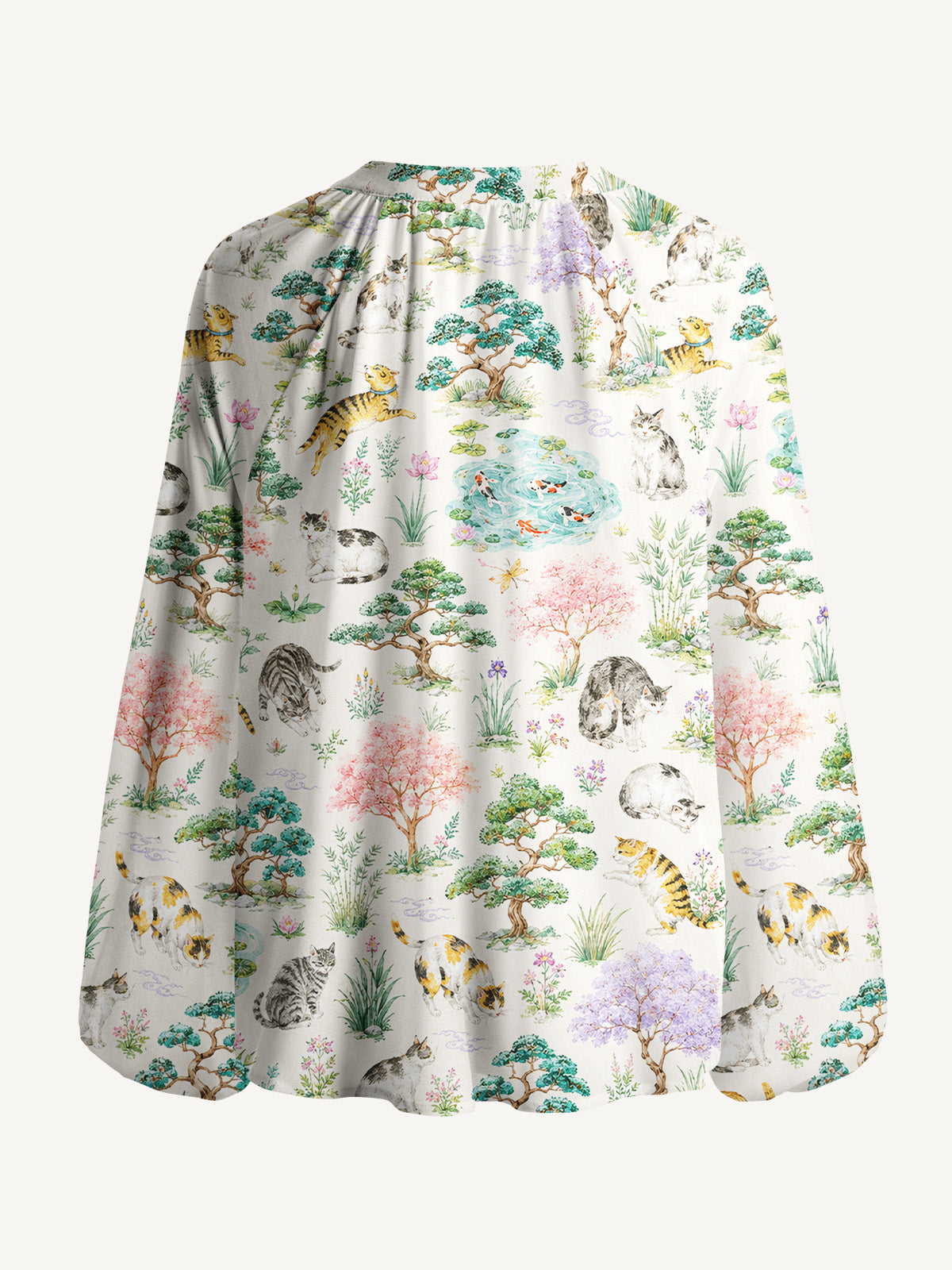 Cats in a Tranquil Garden Pond Scene Print Boho Long Sleeve Tie‑Neck Blouse