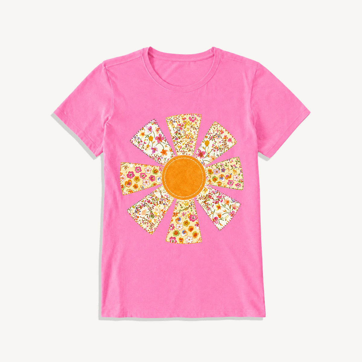 Golden Patchwork Daisy Print Crew Neck Cotton Tee