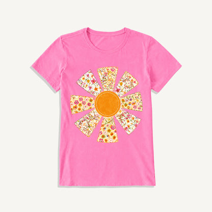 Golden Patchwork Daisy Print Crew Neck Cotton Tee