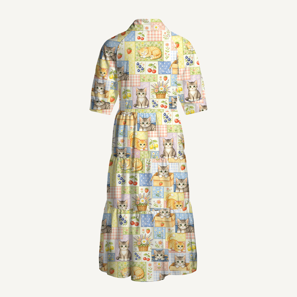 V Neck Collared Vintage Patchwork Kitty Print Casual Midi Dress With Pockets