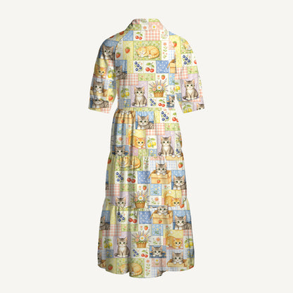 V Neck Collared Vintage Patchwork Kitty Print Casual Midi Dress With Pockets