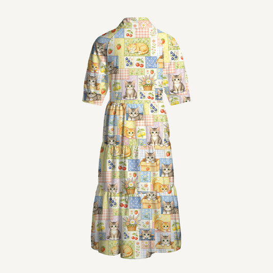 V Neck Collared Vintage Patchwork Kitty Print Casual Midi Dress With Pockets