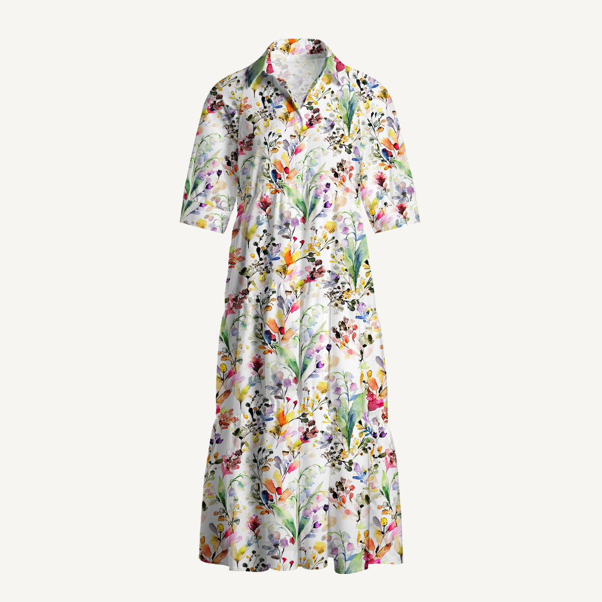 V Neck Collared Watercolor Wildflower Garden Print Casual Midi Dress With Pockets